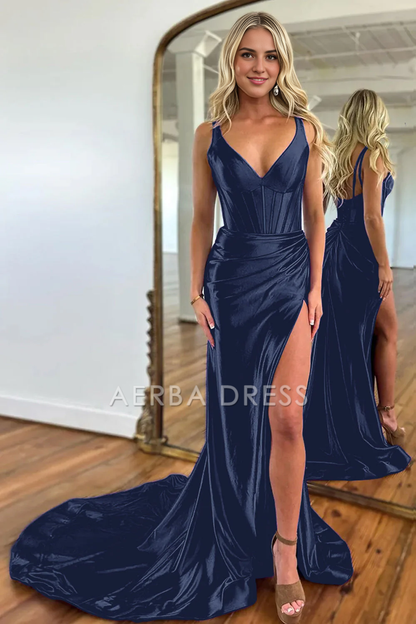 AERBA DRESS Formal Wear Dresses Mermaid V-Neck Satin Long Split Sweep Train Elegant Prom Dress