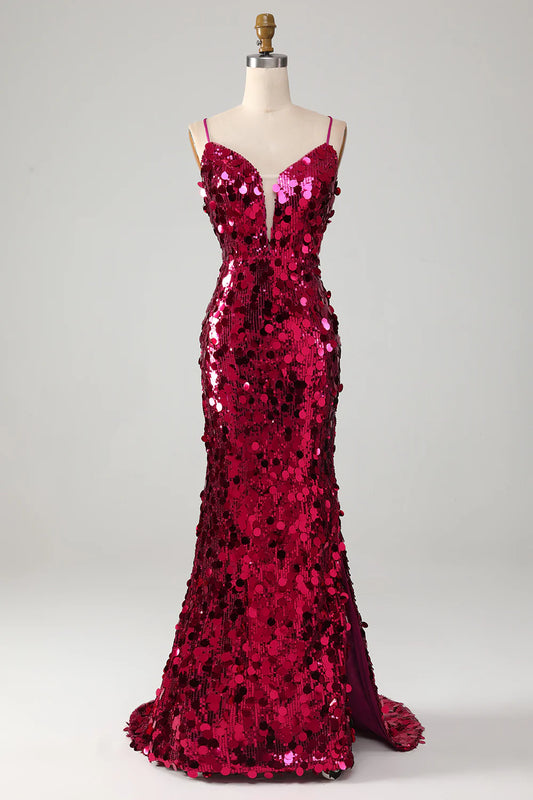AerbaDress Sparkly Mermaid Spaghetti Straps Fuchsia Sequins Long Prom Dress with Slit