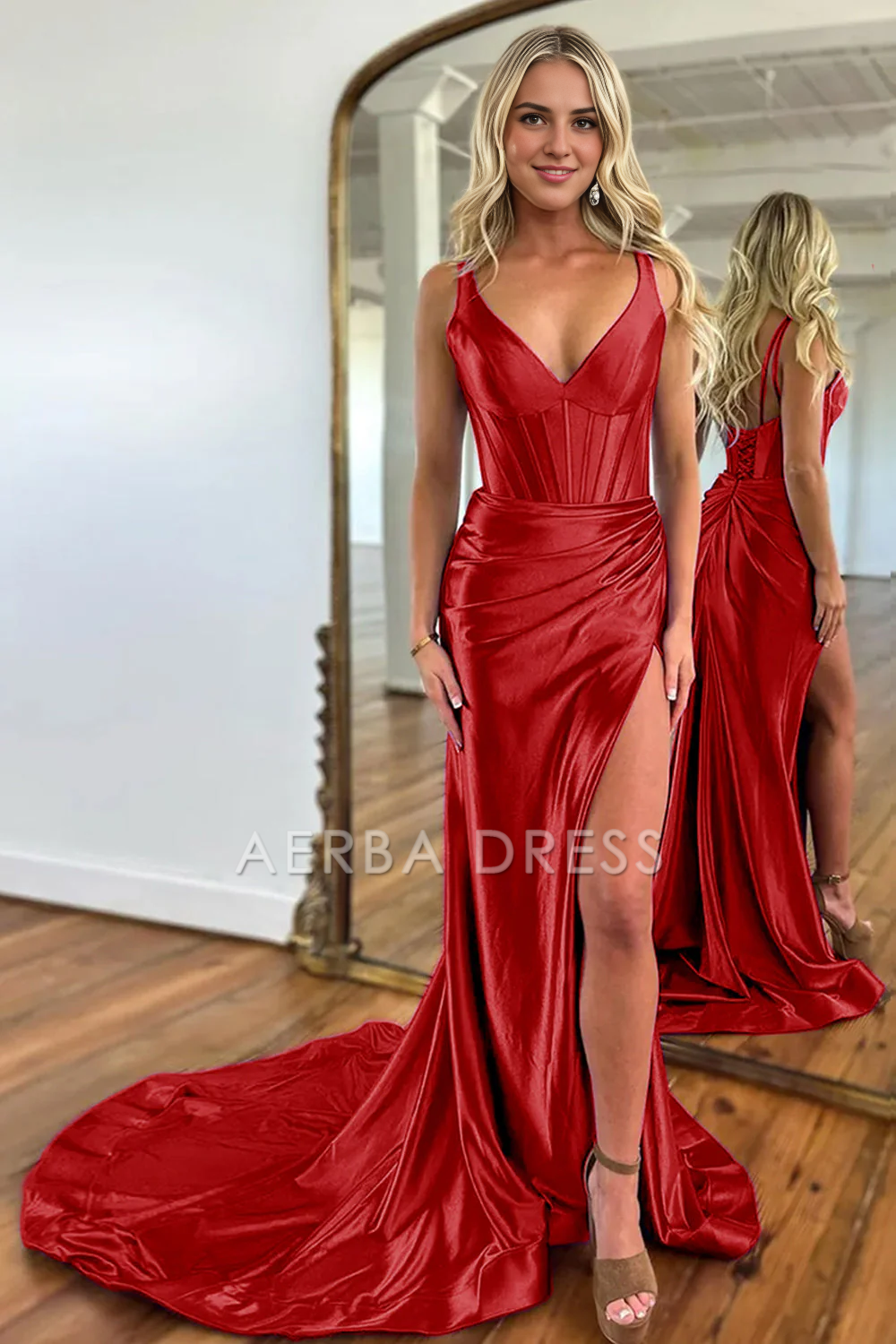 AERBA DRESS Formal Wear Dresses Mermaid V-Neck Satin Long Split Sweep Train Elegant Prom Dress