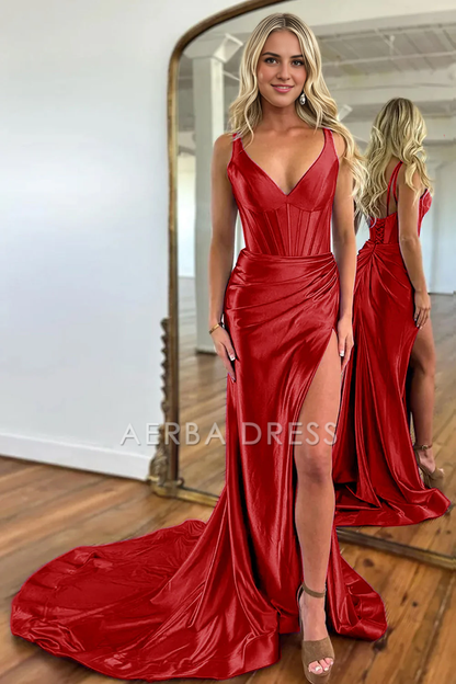 AERBA DRESS Formal Wear Dresses Mermaid V-Neck Satin Long Split Sweep Train Elegant Prom Dress