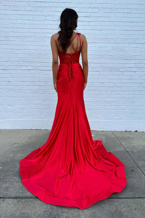 AerbaDress Red One Shoulder Evening Dress Satin Mermaid Long Prom Dresses