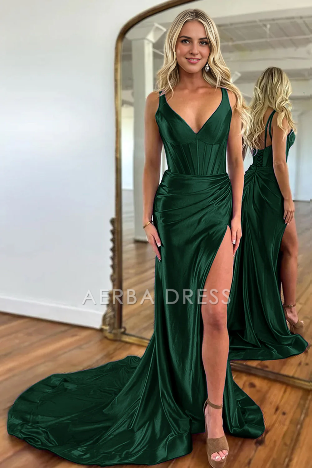 AERBA DRESS Formal Wear Dresses Mermaid V-Neck Satin Long Split Sweep Train Elegant Prom Dress