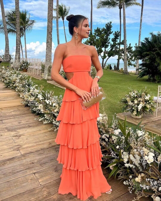 AERBA DRESS Prom Dress Strapless Sleeveless Chiffon Hollow Out Ruched Layering Elegant High Quality Formal Wear Dresses