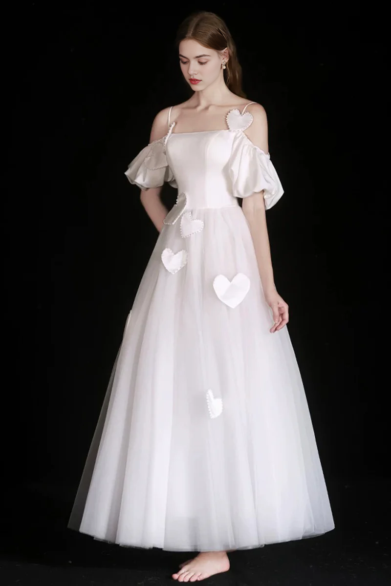 Fashion White Tulle A Line Spaghetti Strap Heart-Shaped Decoration Cute Long Prom Dresses Formal Graduation Dress Evening Dresses