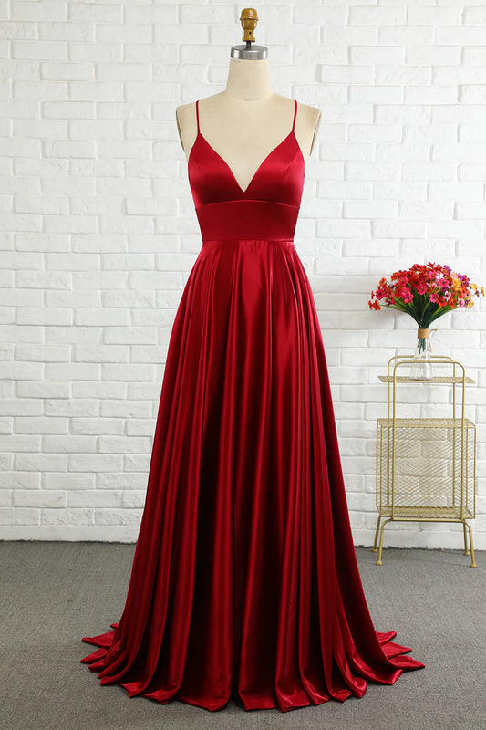 AerbaDress Simple A Line Spaghetti Straps Burgundy Long Prom Dress with Cirss Cross Back