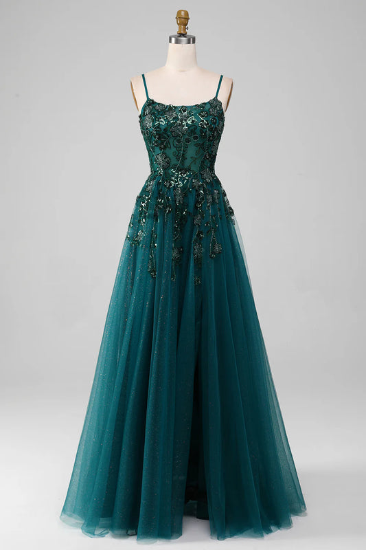 AerbaDress Dark Green Spaghetti Straps A Line Prom Dress with Slit