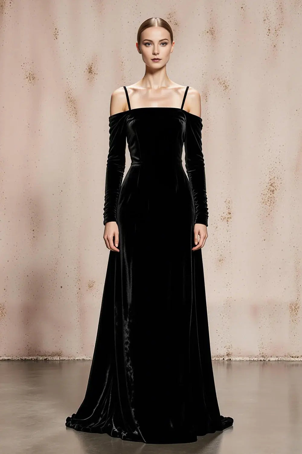 Black A Line Cold Shoulder Spaghetti Strap Velvet with Sleeves Backless Elegant Long Formal Dress Hot Sale Evening Dress