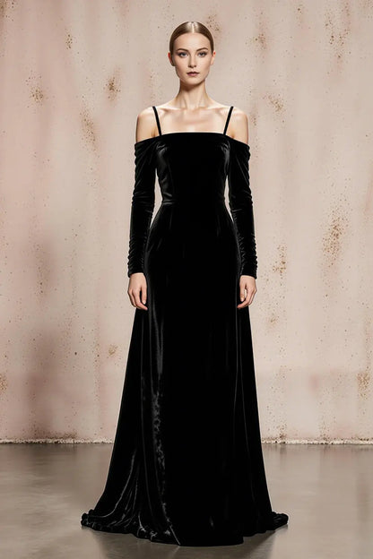 Black A Line Cold Shoulder Spaghetti Strap Velvet with Sleeves Backless Elegant Long Formal Dress Hot Sale Evening Dress