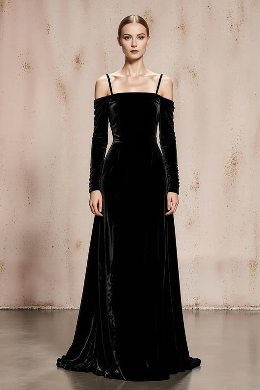 Black A Line Cold Shoulder Spaghetti Strap Velvet with Sleeves Backless Elegant Long Formal Dress Hot Sale Evening Dress
