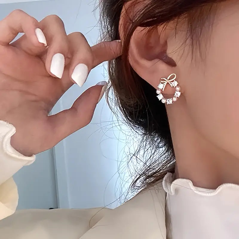 Aerba Tiny Delicate Round Stud Earrings With Bow Imitation Pearl Design Zinc Alloy Jewelry Elegant Simple Style For Women Daily Wear