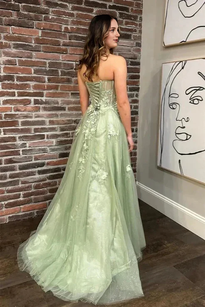 AerbaDress Sage Green Evening Dress Sweetheart Floral Lace Tulle Long Prom Dresses