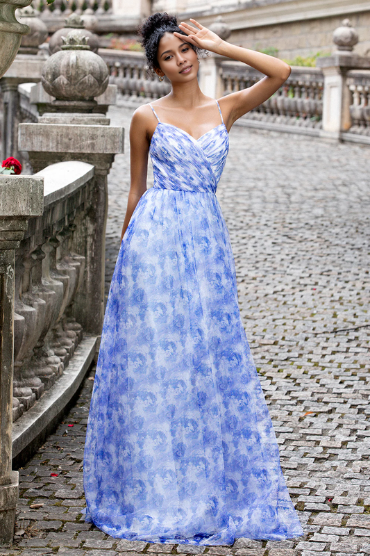 AerbaDress A Line Spaghetti Straps Floral Print Pleated Maxi Dress with Lace Up Back