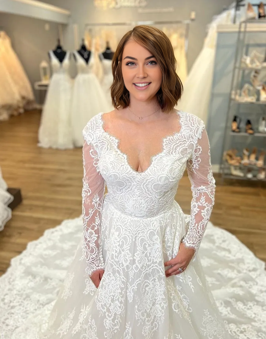 AerbaDress Wedding Dress A-Line V-Neck Chapel Train Lace