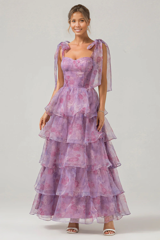 AerbaDress Bridesmaid Dress Printed A Line Tiered Tea-Length