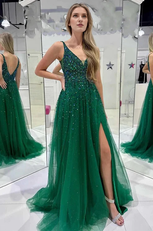 AerbaDress Prom Dresses A-line Dark Green Sequined Tulle V Neck Evening Dress