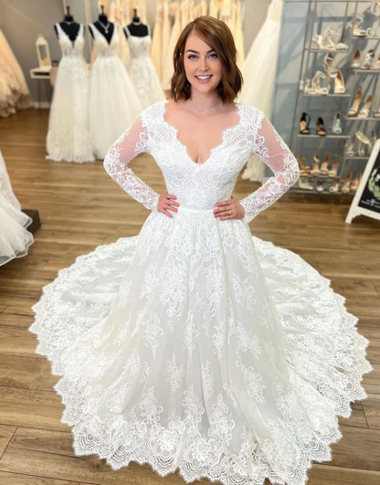 AerbaDress Wedding Dress A-Line V-Neck Chapel Train Lace