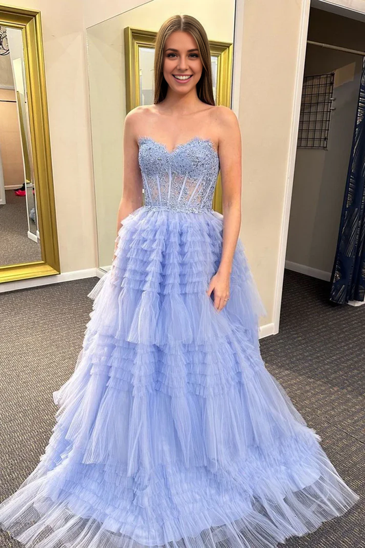 AerbaDress A-Line Evening Dress Ruffle Tiered Tulle Long Prom Dresses with Appliques