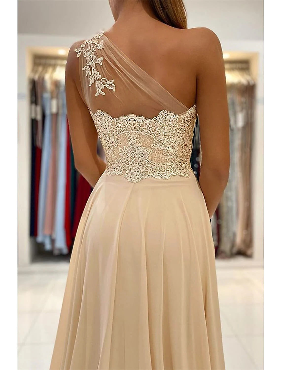 A-Line Prom Dresses Sexy Dress Formal Wedding Guest Court Train Sleeveless One Shoulder Chiffon with Slit Appliques