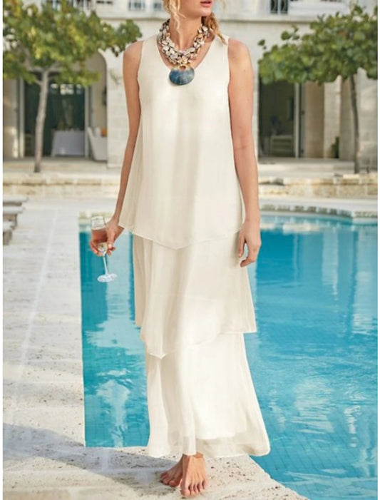 Sheath / Column Mother of the Bride Dress Wedding Guest Simple Elegant V Neck Ankle Length Chiffon Sleeveless