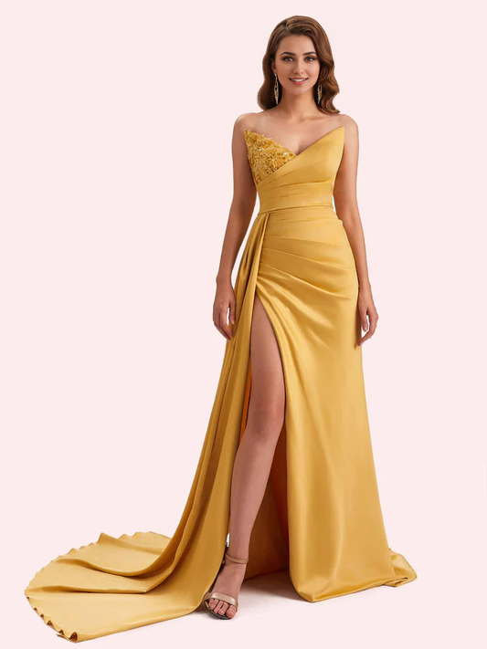 AerbaDress Bridesmaid Dress For Wedding Mermaid V-Neck Side Slit Strapless Soft Satin