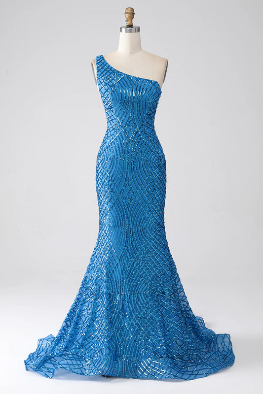 AerbaDress Blue Mermaid One Shoulder Sequins Long Prom Dress