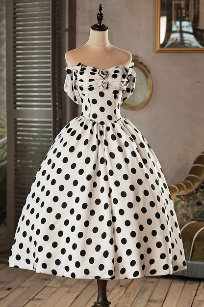 White and Black A-Line Retro Polka Dots Pleated Backless Short Lovely Long Prom Dresses Formal Graduation Dress Evening Dresses