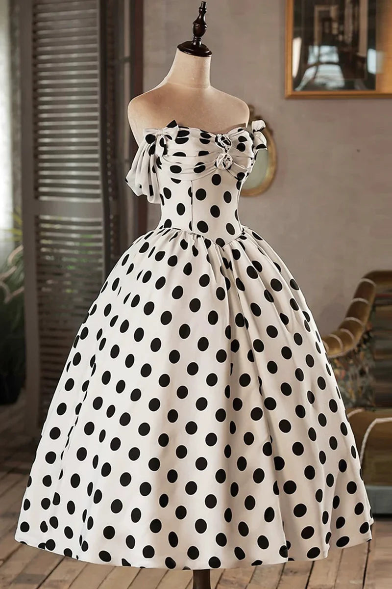 White and Black A-Line Retro Polka Dots Pleated Backless Short Lovely Long Prom Dresses Formal Graduation Dress Evening Dresses
