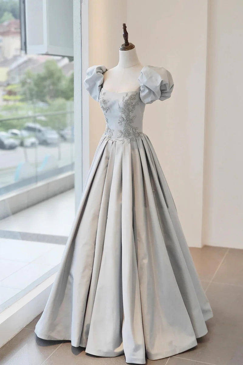 Exquisite Gray Blue Satin A-Line Square Neck Puff Short Sleeve Bead string Fashion Long Prom Dresses Formal Graduation Dress Evening Dresses