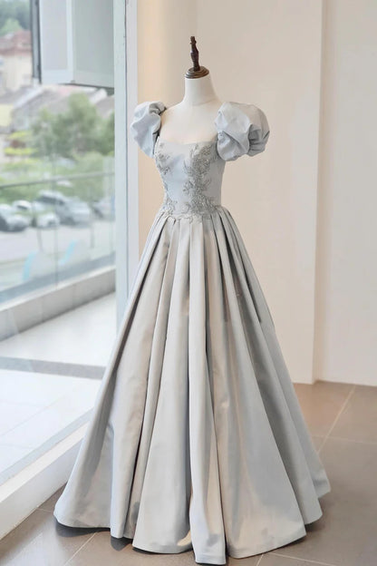 Exquisite Gray Blue Satin A-Line Square Neck Puff Short Sleeve Bead string Fashion Long Prom Dresses Formal Graduation Dress Evening Dresses