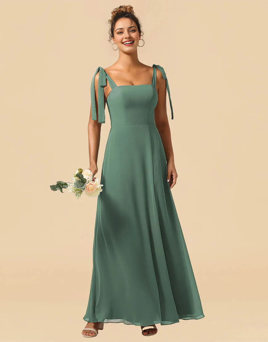 AerbaDress Bridesmaid Dress A-Line Tie Straps Floor Length Chiffon with Split