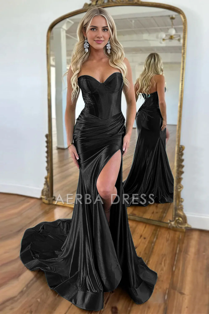 AERBA DRESS Formal Wear Dresses Gorgeous Mermaid Sweetheart Satin Pleated With Split Sweep Train Elegant Prom Dress