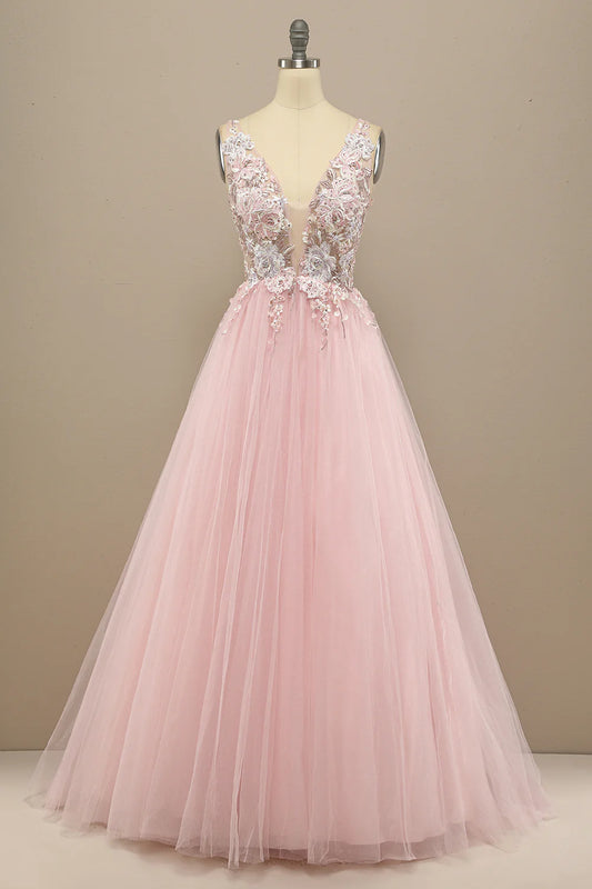 AerbaDress Gorgeous Deep V Neck Grey/Pink Prom Dress with Appliques