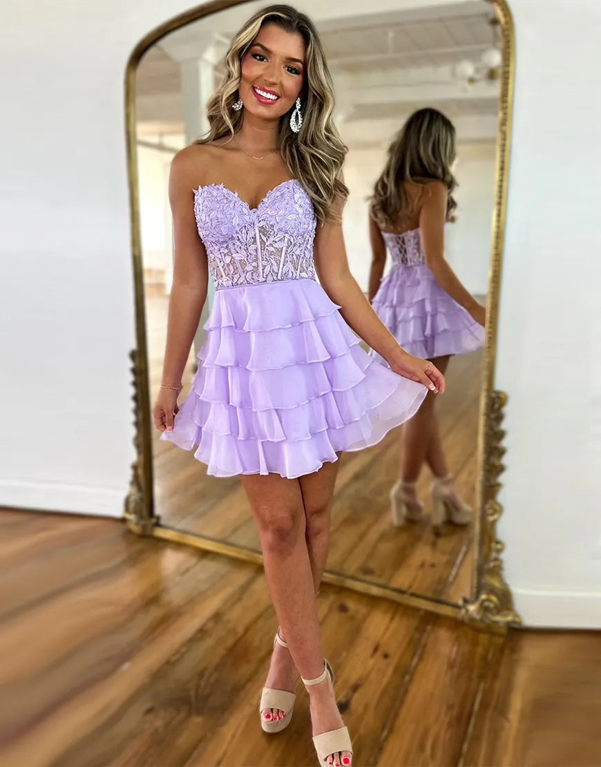 AerbaDress Homecoming Dress Glitter A-line Strapless Tiered with Appliques