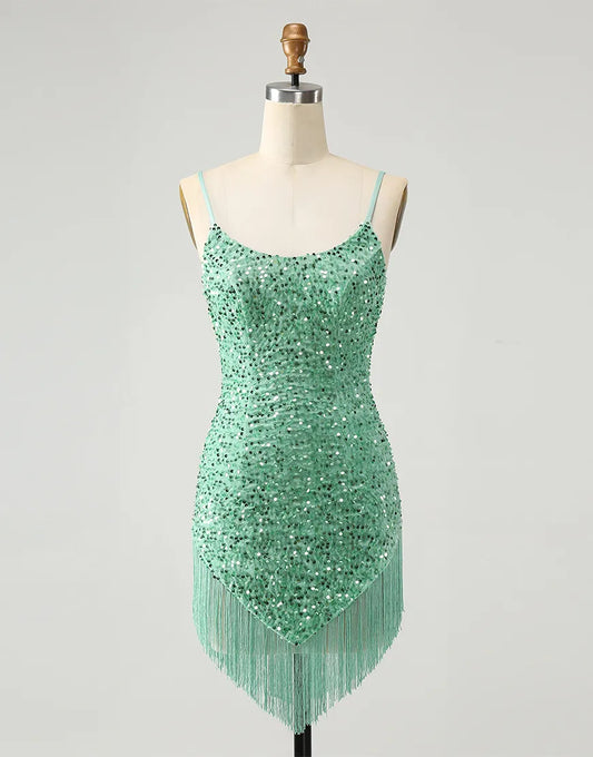 AerbaDress Homecoming Dress Glitter Sequins Scoop with Tassels