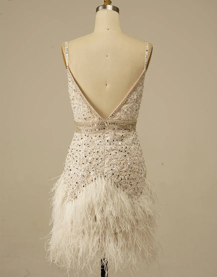 AerbaDress Gorgeous White Spaghetti Straps Beaded Homecoming Dress With Feather