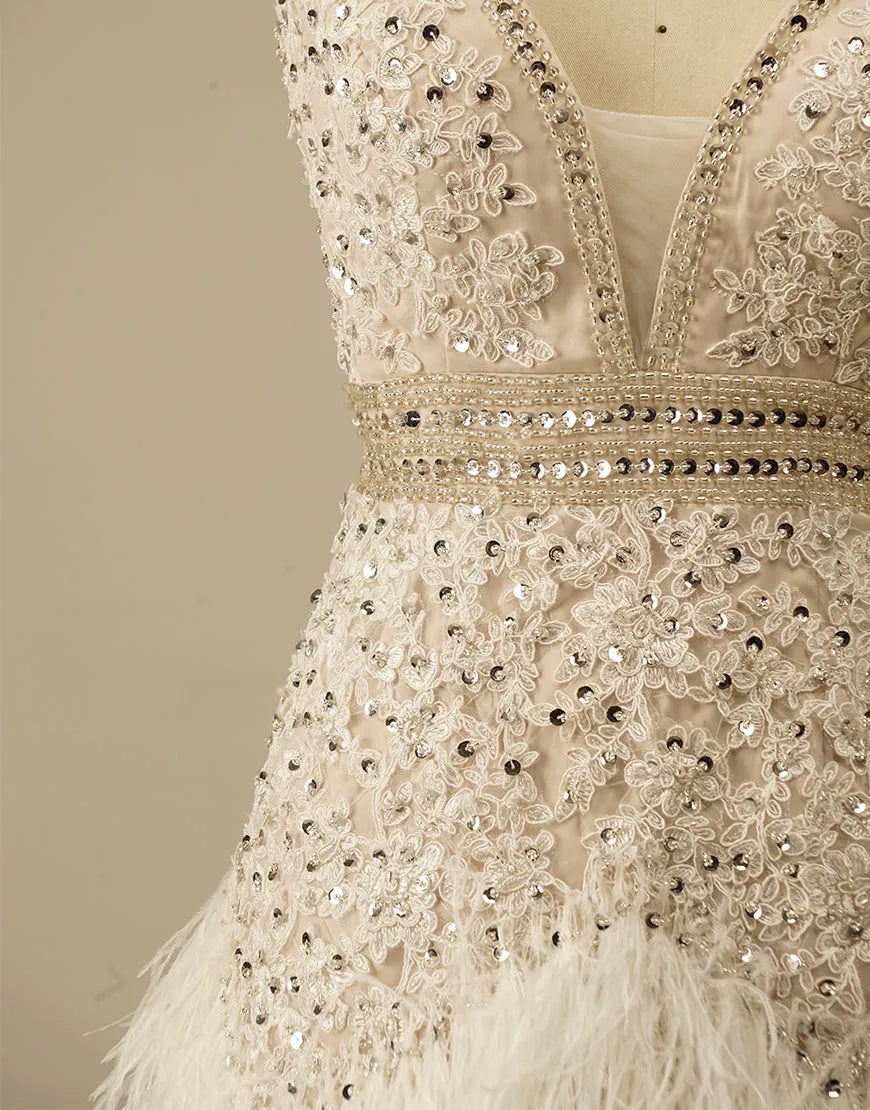 AerbaDress Gorgeous White Spaghetti Straps Beaded Homecoming Dress With Feather