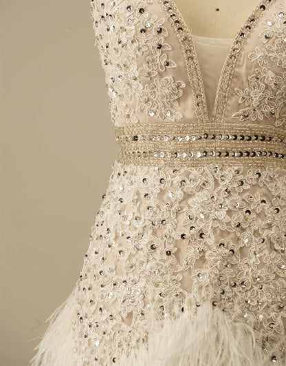 AerbaDress Gorgeous White Spaghetti Straps Beaded Homecoming Dress With Feather