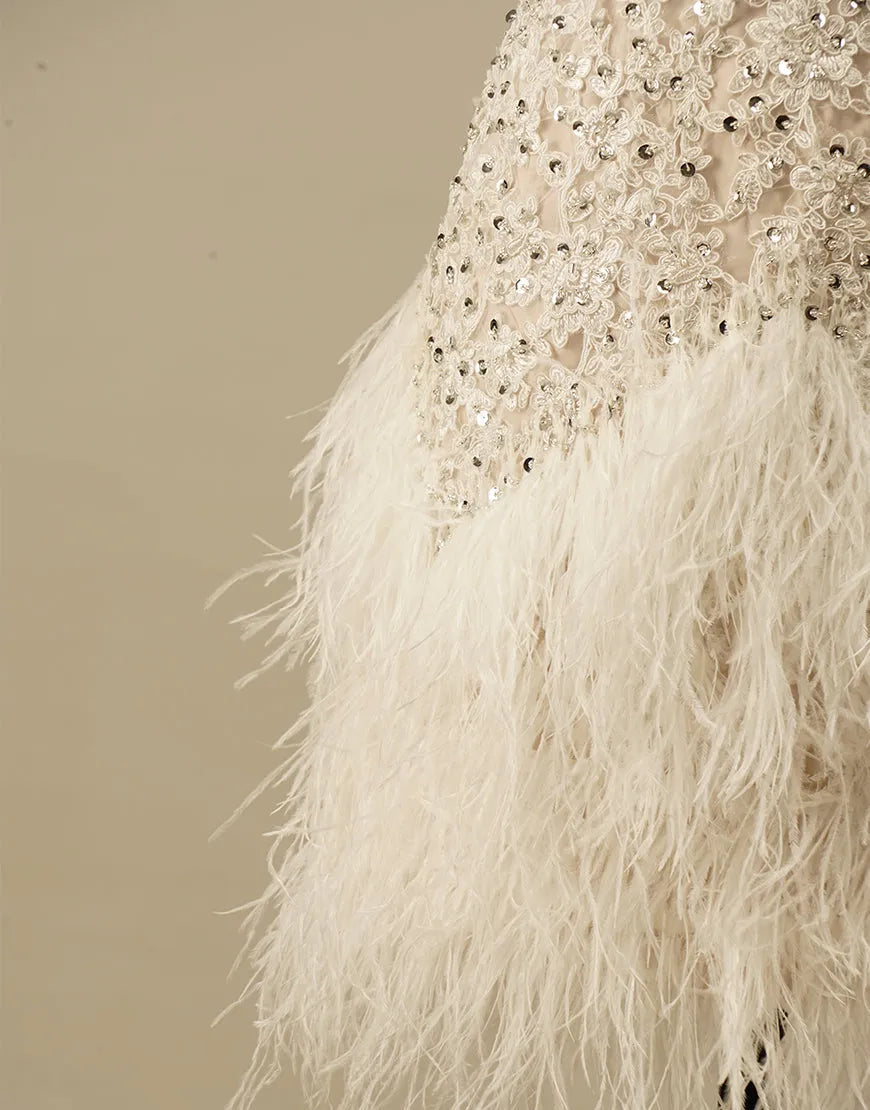 AerbaDress Gorgeous White Spaghetti Straps Beaded Homecoming Dress With Feather