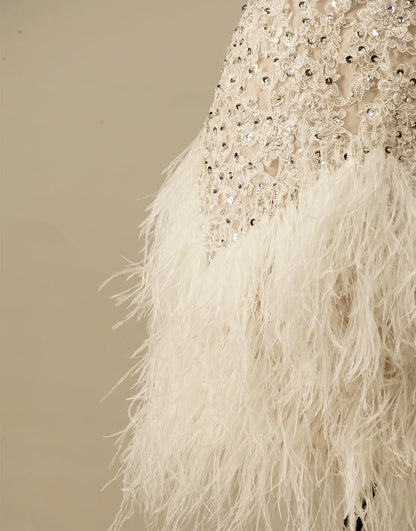 AerbaDress Gorgeous White Spaghetti Straps Beaded Homecoming Dress With Feather