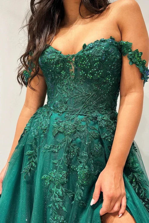 AerbaDress A-Line Long Prom Dresses Glitter Emerald Appliques Off-the-Shoulder