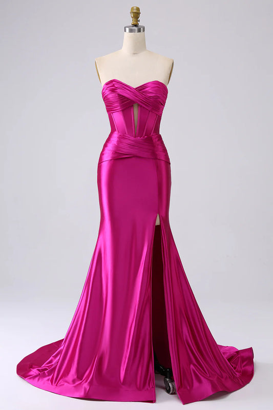 AerbaDress Sparkly Fuchsia Mermaid Sweetheart Corset Long Prom Dress with Slit