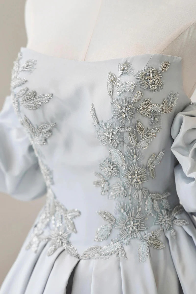 Exquisite Gray Blue Satin A-Line Square Neck Puff Short Sleeve Bead string Fashion Long Prom Dresses Formal Graduation Dress Evening Dresses