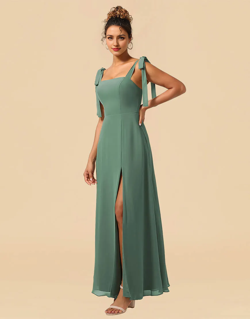 AerbaDress Bridesmaid Dress A-Line Tie Straps Floor Length Chiffon with Split