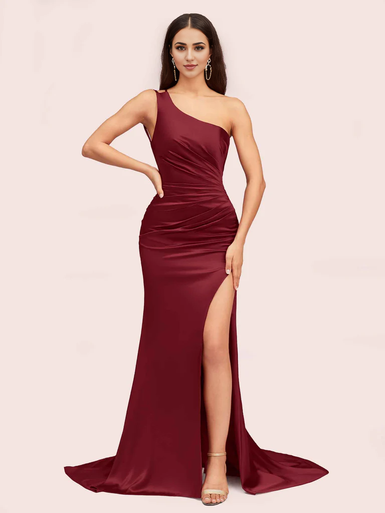 AerbaDress Bridesmaid Dresses Online Sexy One Shoulder Mermaid Side Slit Long Soft Satin