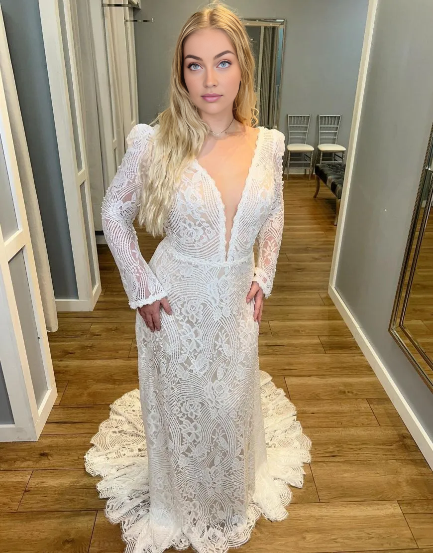 AerbaDress Deep V-Neck Wedding Dress Boho Sheath Lace