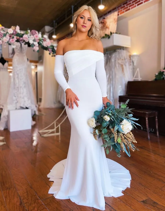 AerbaDress Wedding Dress Mermaid Stretch Satin Off The Shoulder Sleeves