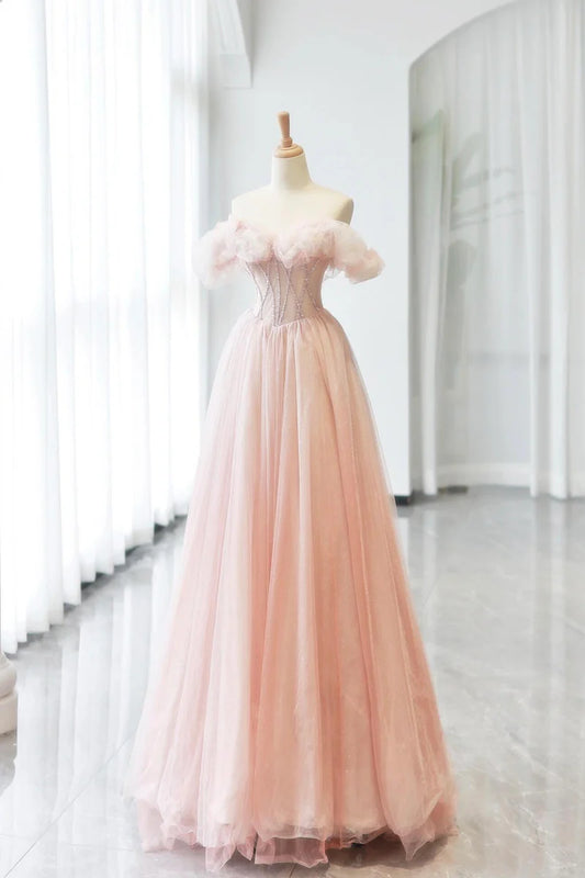 Romantic Pink Tulle A-Line Sweetheart Neckline Corset Beadwork Fishbone Backless Lovely Long Prom Dresses Formal Graduation Dress Evening Dresses