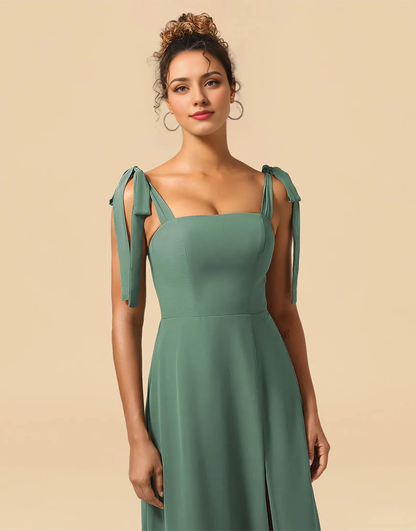 AerbaDress Bridesmaid Dress A-Line Tie Straps Floor Length Chiffon with Split