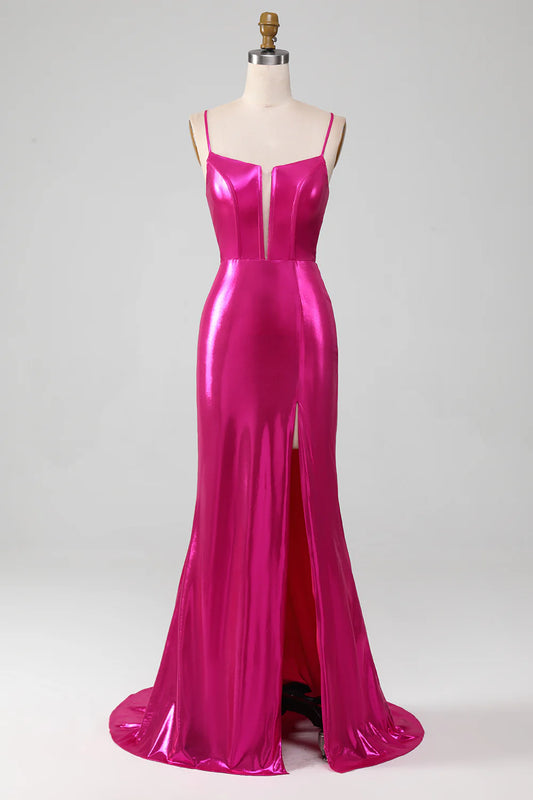 AerbaDress Sparkly Hot Pink Mermaid Simple Prom Dress With Slit