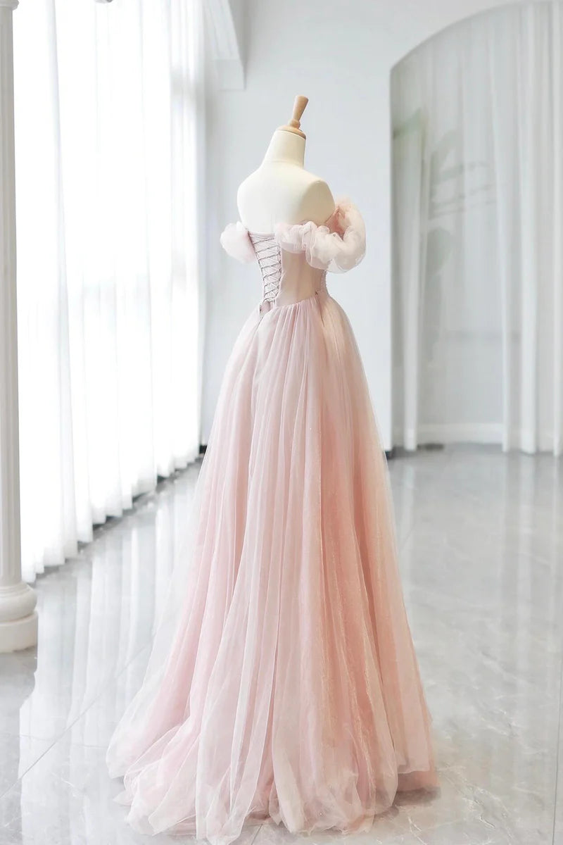 Romantic Pink Tulle A-Line Sweetheart Neckline Corset Beadwork Fishbone Backless Lovely Long Prom Dresses Formal Graduation Dress Evening Dresses